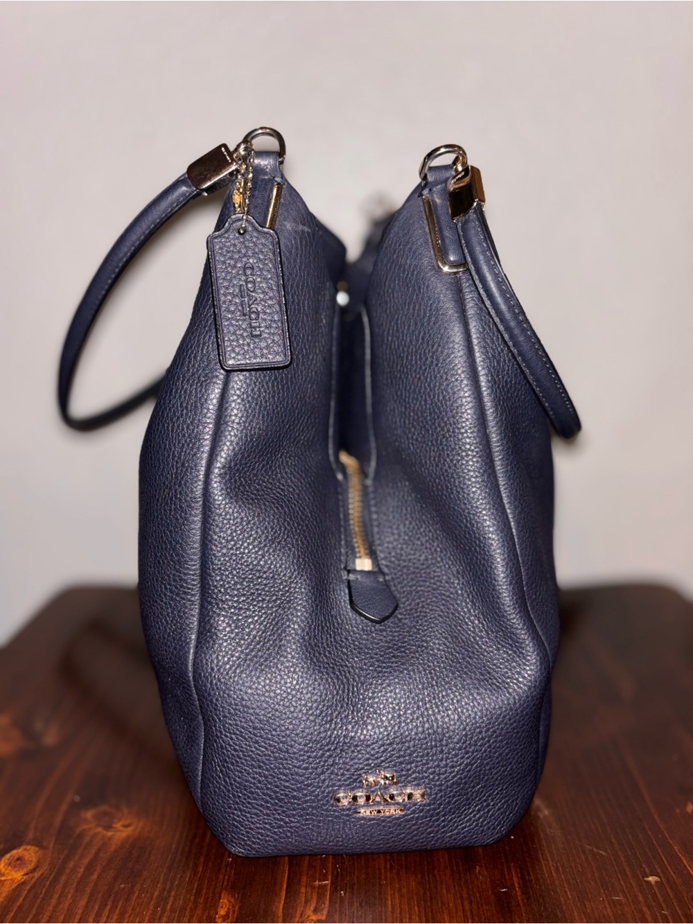 Coach Navy Pebbled Leather Double-Compartment Shoulder Bag with Gold Hardware